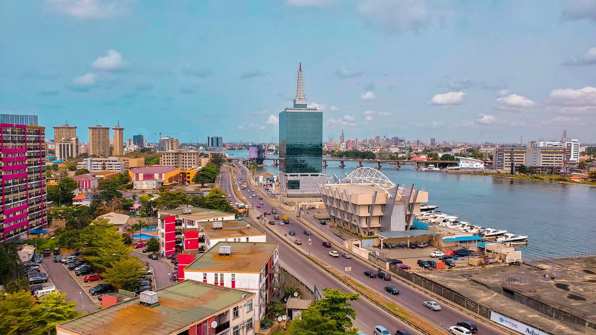 Aerial view of Lagos along the lagoon on a clear day